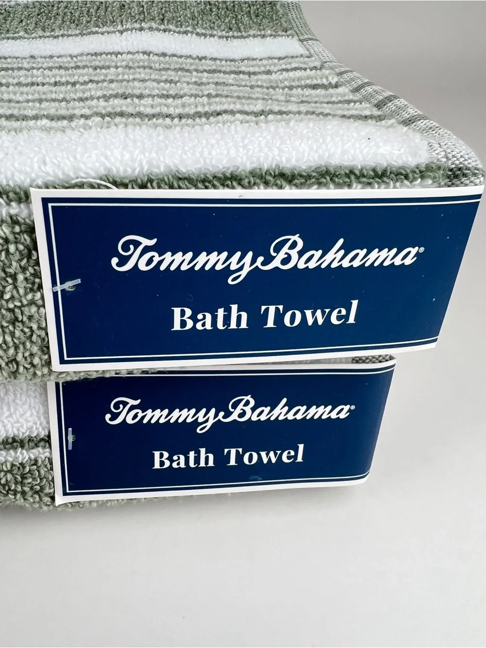 Tommy Bahama Bath Towels Riviera Sage Green White Striped Soft Cotton 2 Pc NEW